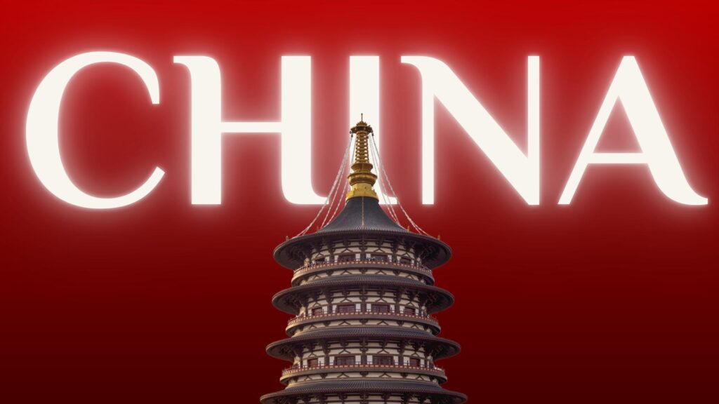 Edificio chino con fondo degradado que dice China en un tono neon